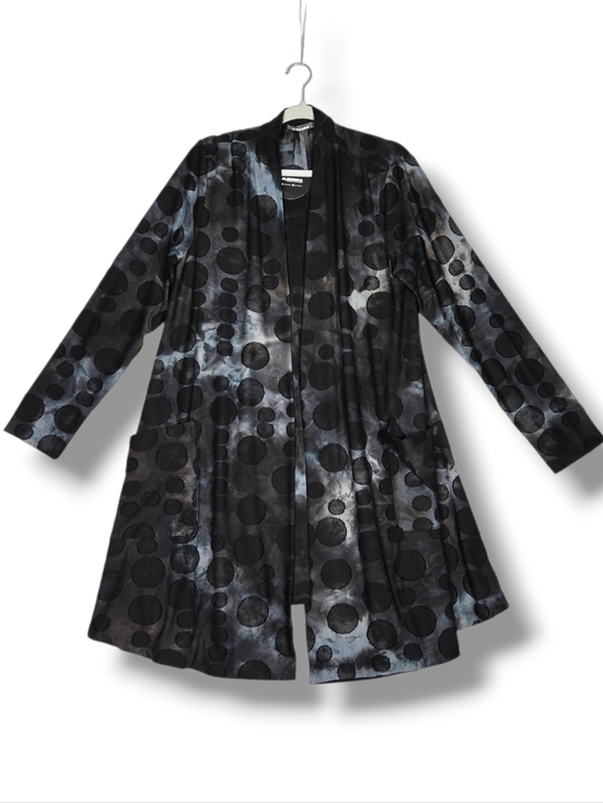 Alembika Jackets & Blazers - Alembika Knit Open Front Drape Swing Jacket Size 12 14 Black Grey Circle Print
